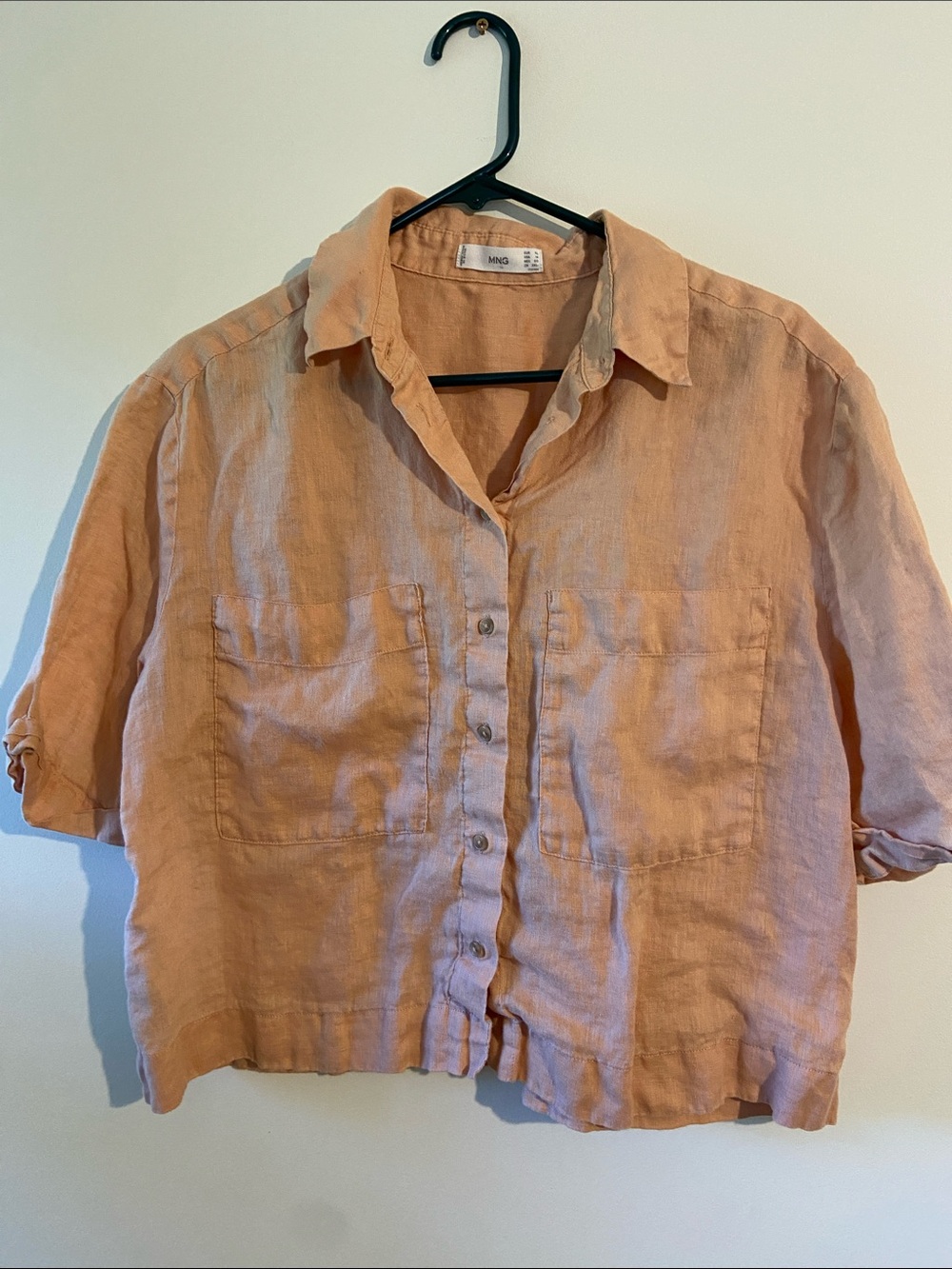 Mango Peach-Orange Linen Button-Front Short Sleeve Shirt